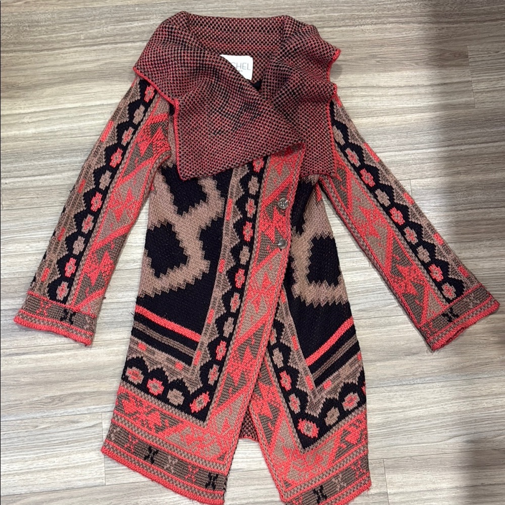 Geometric Patterned Sweater With Red Accents - image 1
